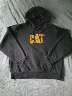 Mens Caterpillar Hoodie with Yellow Logo - Classic Workwear Pullover XL